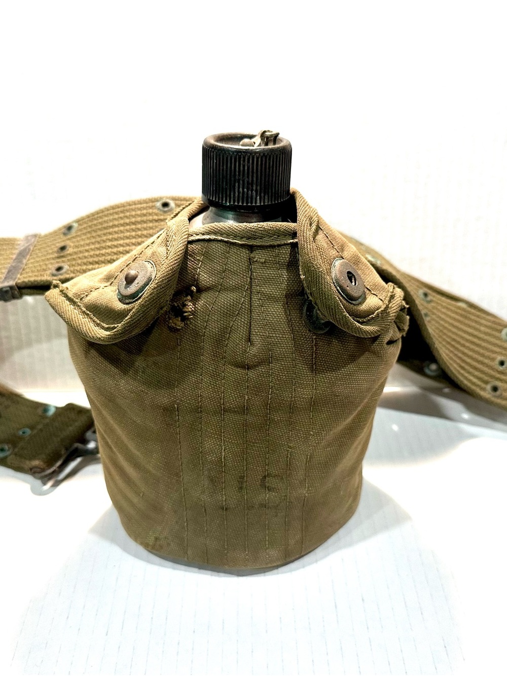 Vintage  WWII Military Canvas Contained Canteen with Belt. One snap broken